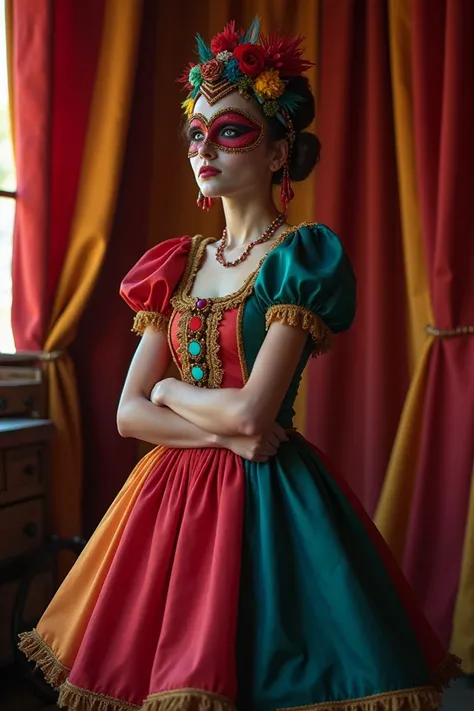 More at the same time simple and feminine knee-length colorful circus dress.  She works in the circus tent and wears a beautiful simple mask that covers her entire face.  Its a darker and darker dress. Show the whole dress  