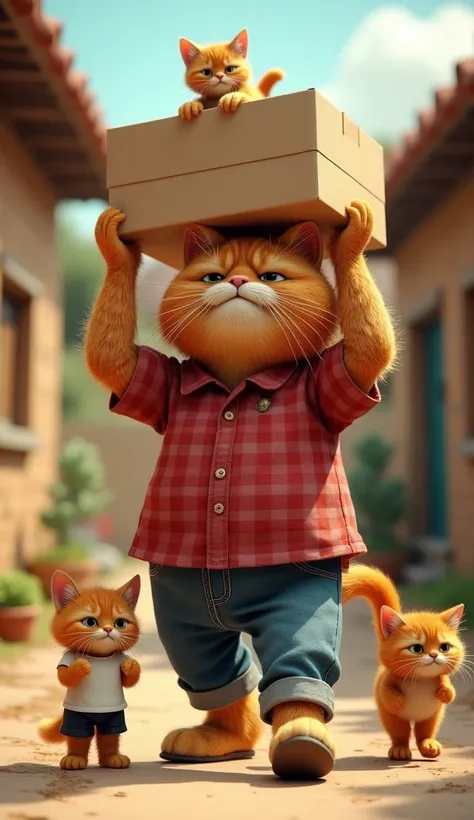 In cinematic 3D style ,HD image, realistic image, colourful image.
 Character, very weak Johny big Orange cat wearing red check shirt and blue jeans.
Character, Orange baby cat wearing white t-shirt and black shorts.
Action, inside village,a very weak John...