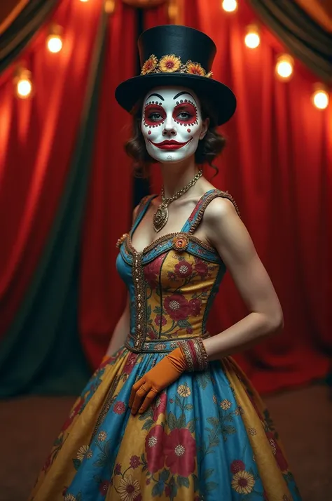 More at the same time simple and feminine knee-length colorful circus dress.  She works in the circus tent and wears a beautiful simple mask that covers her entire face.  Its a darker and darker dress. Show the whole dress  