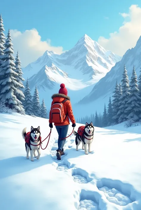  very attractive girl and cute puppy carrying backpacks  (Husky)  enjoying a wonderful winter outing surrounded by beautiful snowy mountains and snowy scenery. Footprints left in fresh snow ,  focus on footprints , Footprints of snow, 4K resolution,  high ...