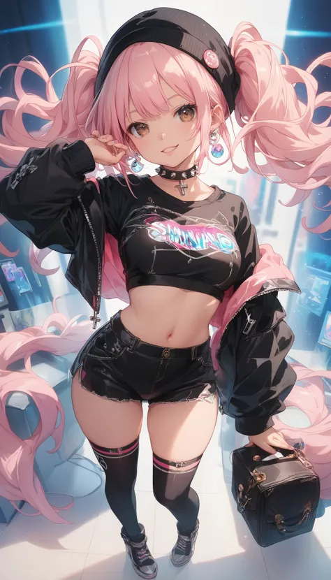 full body A cheerful anime girl with long, pastel pink hair styled in twin tails, accessorized with a small black beanie and delicate cross earrings. add light on face to highlight. She’s wearing a cropped black sweater with metallic buttons and a layered ...