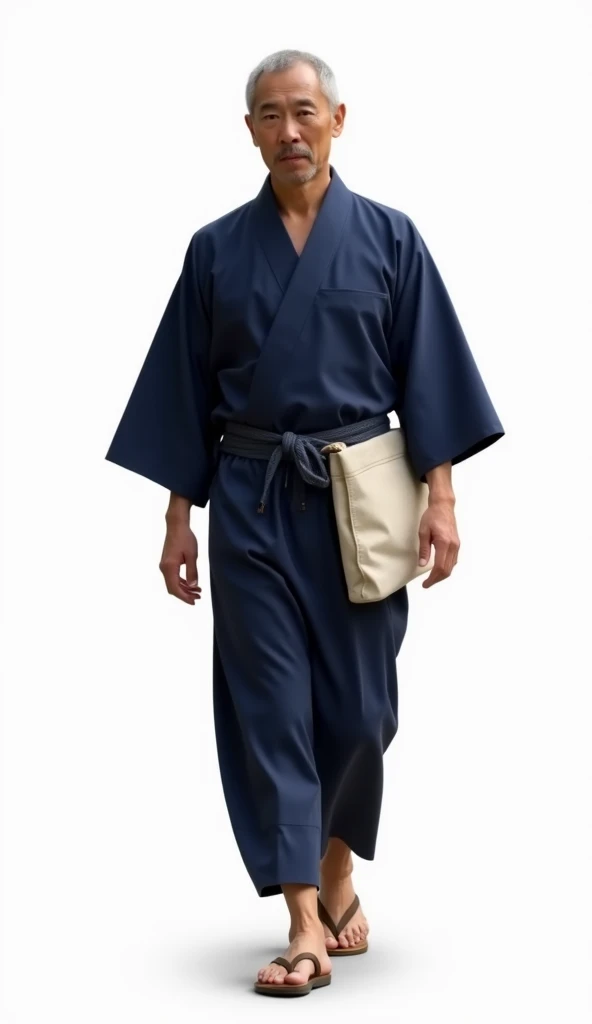 ( top quality,  Masterpiece  :1.3, super high resolution,),( Ultra Details, caustics ),(Photorealistic 4k）A man in a traditional navy yukata with a simple obi, wooden geta sandals, and a small cloth bag, walking towards the onsen.   white back ground. He i...