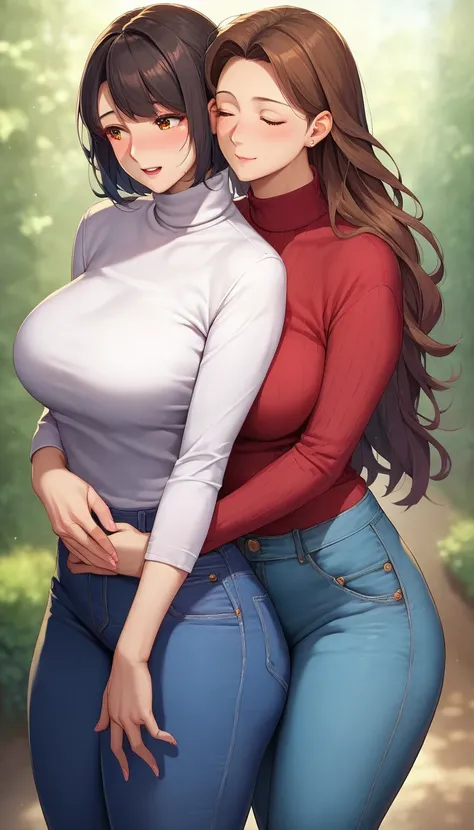 HD, detailed, detailed eyes  , mature woman, milf, mother, short hair, thick, thick thighs, curvy, busty,wide hips, turtleneck sweater, (woman hugging Mature woman from behind,age 20, jeans, long hair), couple, lesbian,jeans, source_anime, score_9, score_8...