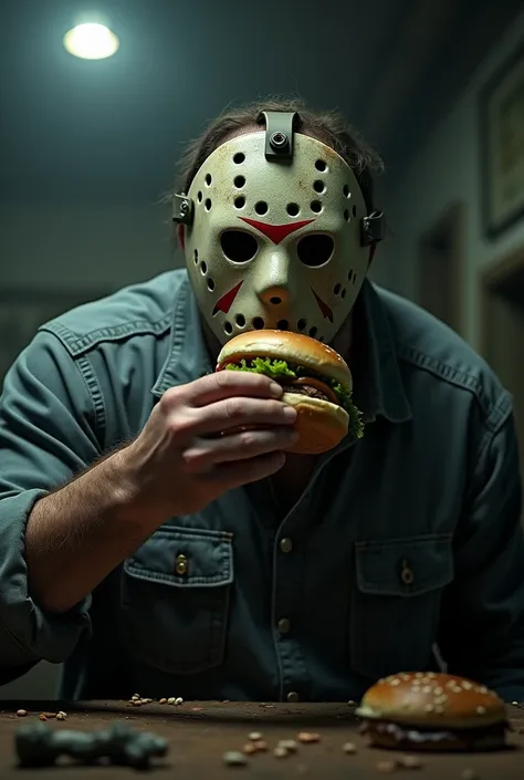 Jason (Horror movie icon), eating a hamburger
