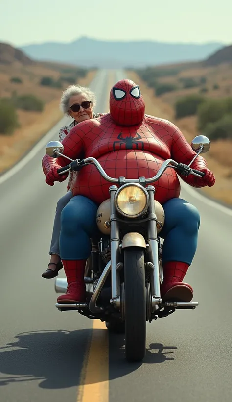 Make me a picture of fat Spiderman riding a motorbike with an old granny, background, highway, full body shot, realistic 