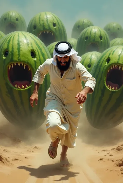 Arab fleeing from a lot of killer watermelons
