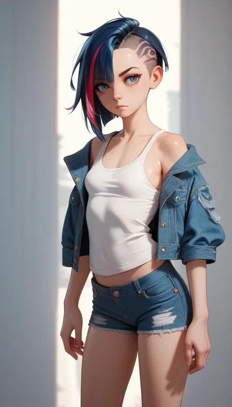 nsfw, 1girl, streaked hair,  shiny hair, asymmetrical hair, small breasts, tank-top, short pants, denim jacket, standing, hicut-sneaker