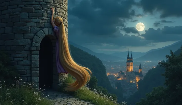  Rapunzel descending from the tower hanging in her hair . The tower is very tall and has no door .  The tower is made of stones and is located in an area with grass and flowers surrounding near a forest.  In the background you can see the lights of the cit...