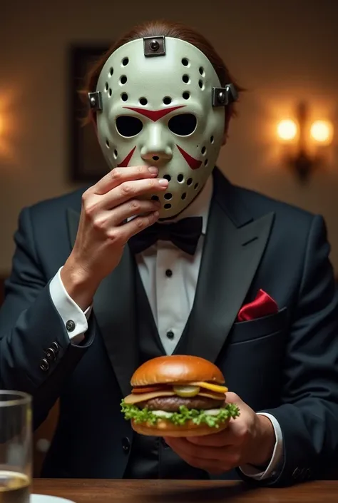 Jason (Horror movie icon), eating a classy ,  hamburger wearing a fancy suit and bow tie

