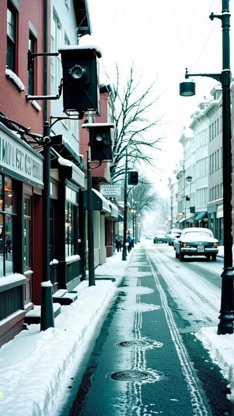 Winter street scene， movie camera