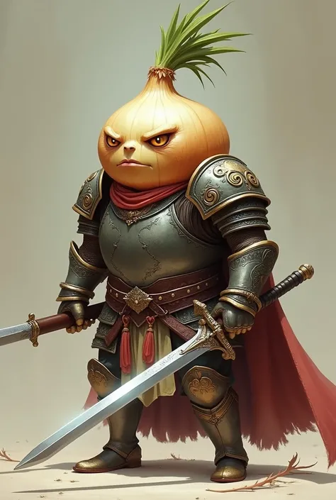 Onion Swordsman、Scared Onion 、 is wearing armor、 Holding a Sword 、 is about to attack、No background