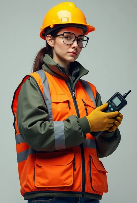 Realistic image of a woman with her hair tied up wearing personal protective clothing (EPP), as a helmet, Reflective vest, gloves and safety glasses ,  and with occupational hazard measurement equipment ,  such as a noise meter or a gas detector . 