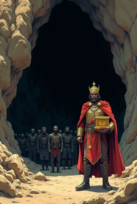 Royal Guard crossing with a box in front of a cave where black comic slaves hide