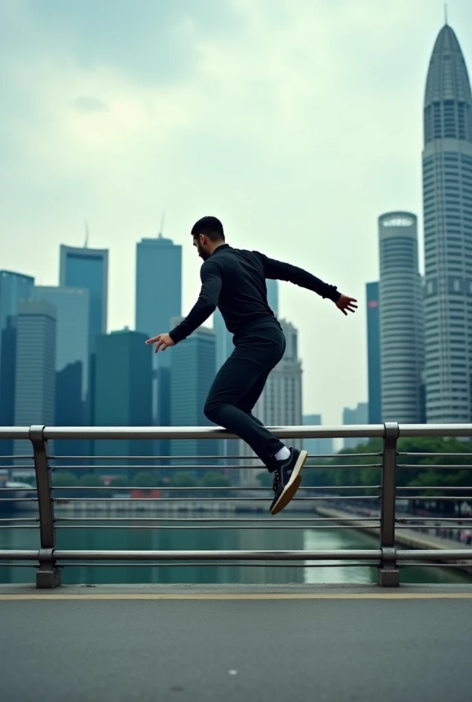 there is a man jumping over a railing with a city in the background, stepping on the city, singapore ( 2 0 1 8 ), city in the background, skyscrapers in the background, looking at the city, low quality footage, with a city in the background, city in backgr...