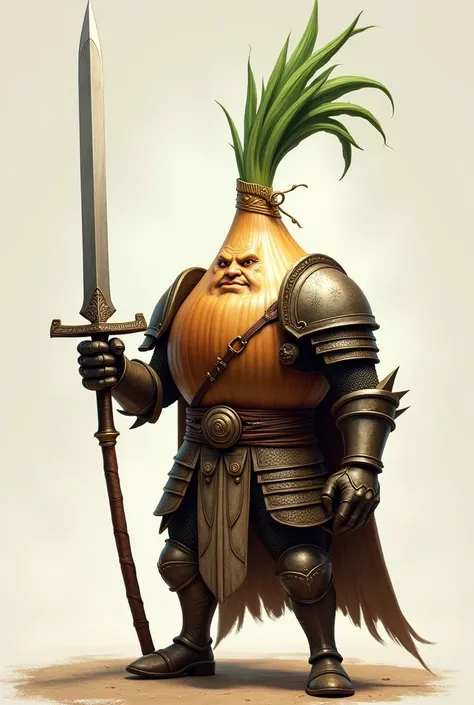 Onion Swordsman、Scared Onion 、 is wearing armor、 Holding a Sword 、 Waving a Sword 、 is about to attack、No background、 facing the front 