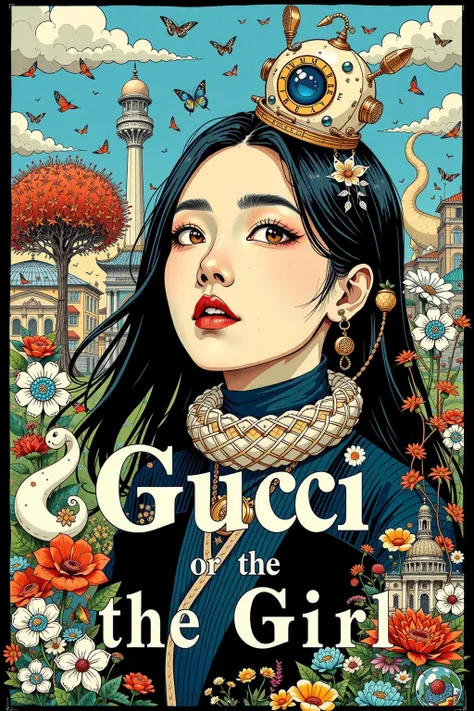 Create a creative arts collage, inspired by the art of Moebius using a collage technique, ((the words "Gucci or The Girl" written within it)), korean woman, 