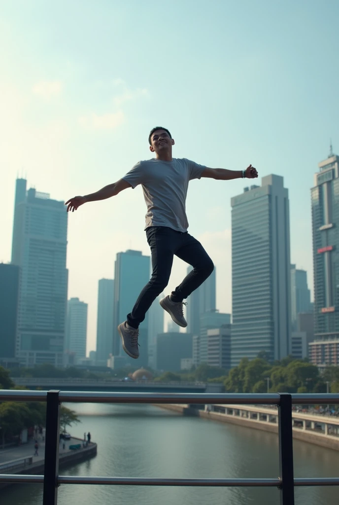 there is a man jumping over a railing with a city in the background, a picture inspired by Cheng Jiasui, trending on instagram, happening, stepping on the city, singapore ( 2 0 1 8 ), city in the background, looking at the city, skyscrapers in the backgrou...