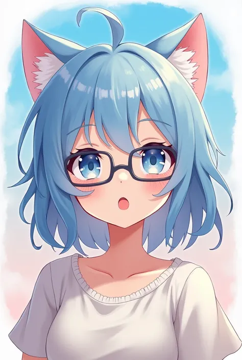 Blue-haired anime girl with cat ears and with 4 square glasses cute girl 