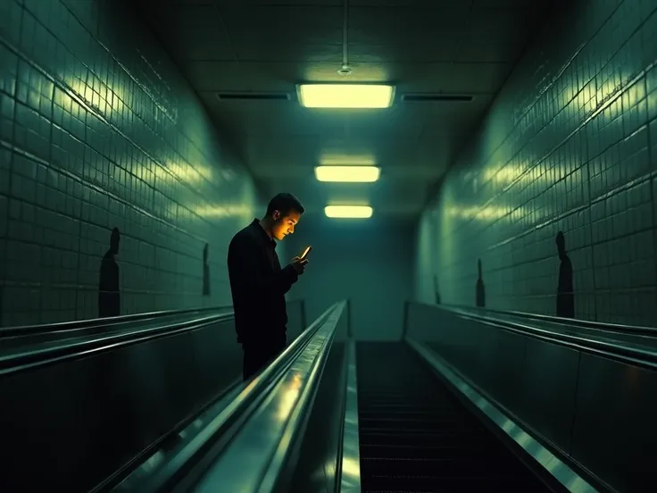  Create an image Gloomy and atmospheric of a long corridor underground with escalators . In the foreground,  show a solitary figure descending the escalator , staring intently at a smartphone that emits a golden glow on your face .  The corridor must be co...