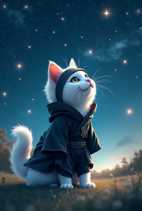 A white fluffy cat in a ninja komtum looks at singing stars,  professional photo ,  High detail  