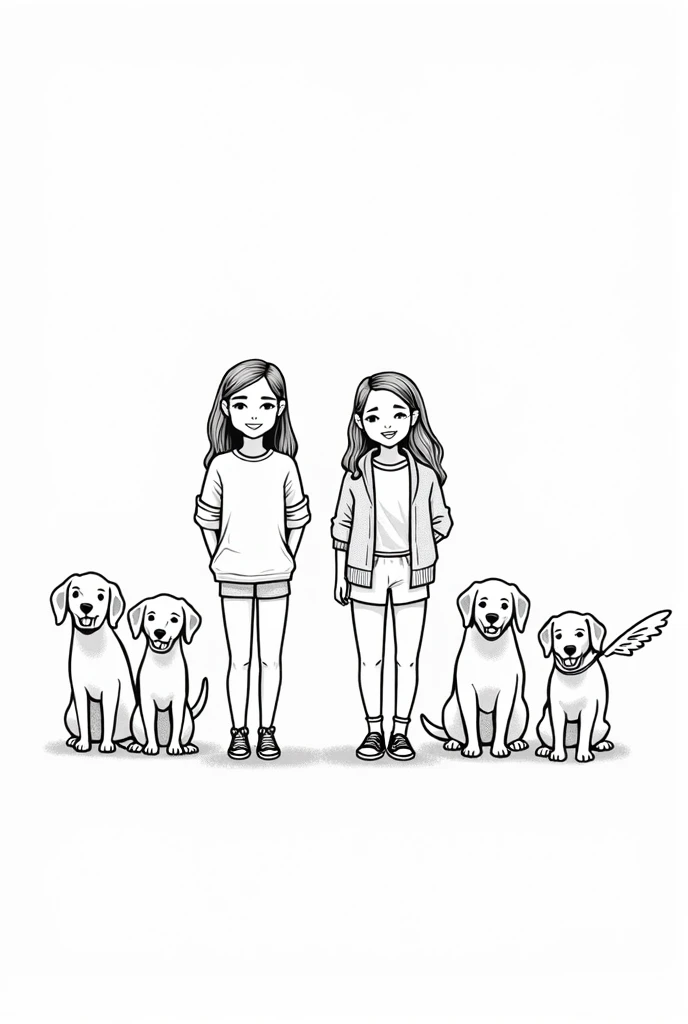 Coloring book-like image where the background is white and you can only see the simple black line of a pair of two women with 4 dogs that one of the dogs has wings