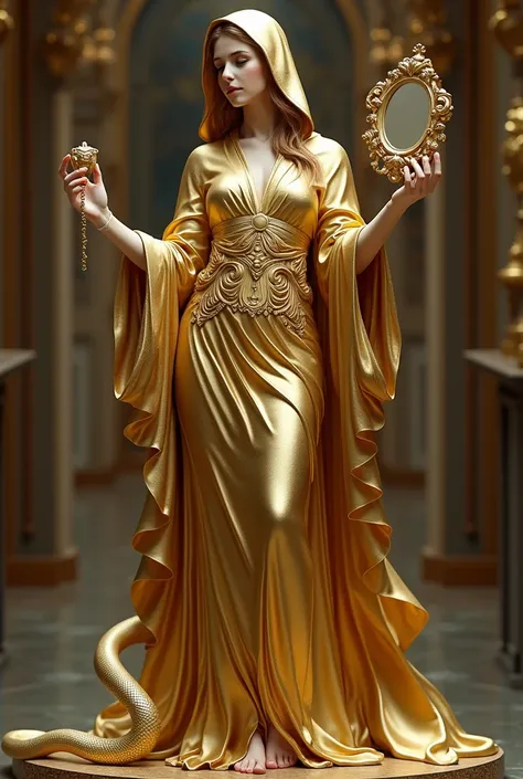 a gold statue award of beatiful 3d woman wearing hood, on the right hand hold mirror the left hand hold a serpent