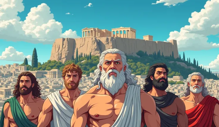 A viral anime-style digital illustration of a depiction of the city of Athens at the height of its power, The Acropolis with exaggerated proportions in the background, Greek Gods, Zeus, Athena, Poseidon, Hera and Apollo in the Mount Olympus with striking f...