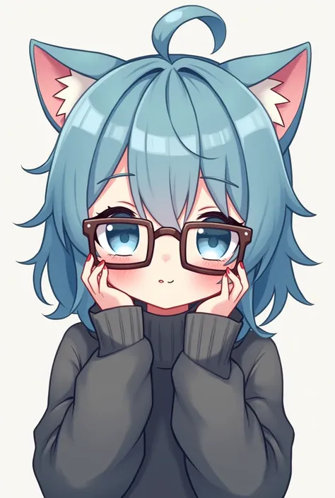 Blue-haired anime girl with cat ears and with 4 square glasses cute girl , She is wearing a dark grey sweater 