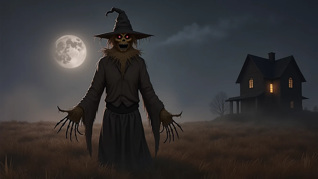 spooky scarecrow in the field at night , noite de Halloween,  spooky haunted house in the background,  ultra detailed,   masterpiece .