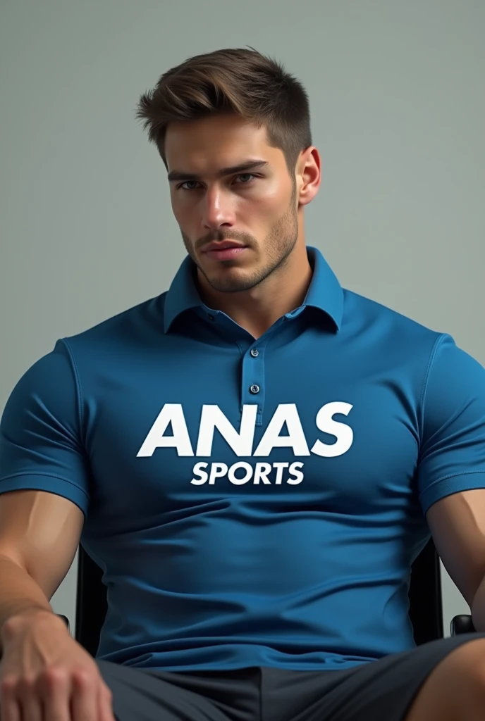 A young man with a shirt blu  sitting on a chair, chest is written Anas sports white colr