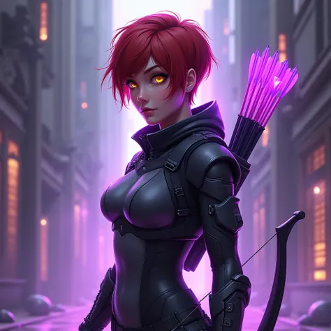 Photorealistic: A serious 20-year-old female archer, standing with confidence and a determined expression, surrounded by an ethereal purple aura that radiates power and mystique. She has a short, slim, athletic build, appearing agile and well-trained. Her ...