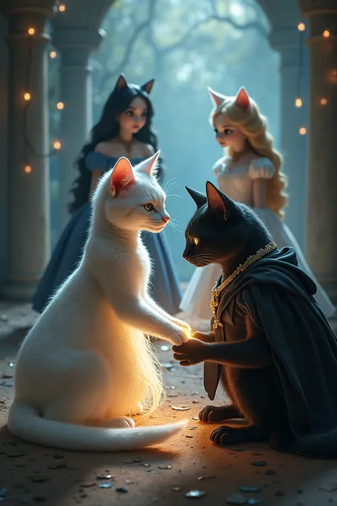 Lila, the white cat, sitting gracefully as the black cat prince places the glass slipper on her paw. The slipper fits perfectly, and a magical glow surrounds them. The two step-sisters watch in shock and disbelief."