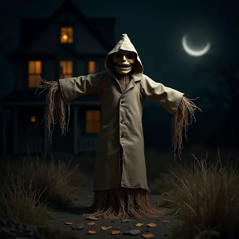 spooky scarecrow in the field at night , noite de Halloween,  spooky haunted house in the background,  ultra detailed,   masterpiece .  Everything very realistic , 