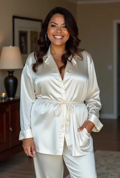 chubby Puerto Rican mom standing in luxury living room white silk pajamas