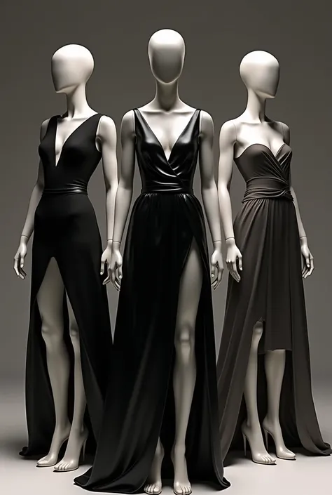 Generate an image of three full-body mannequins for showcase 