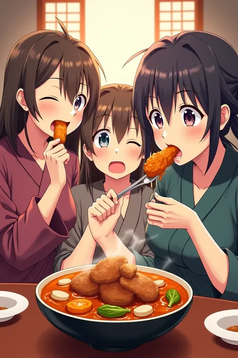 anime characters eating meat curry