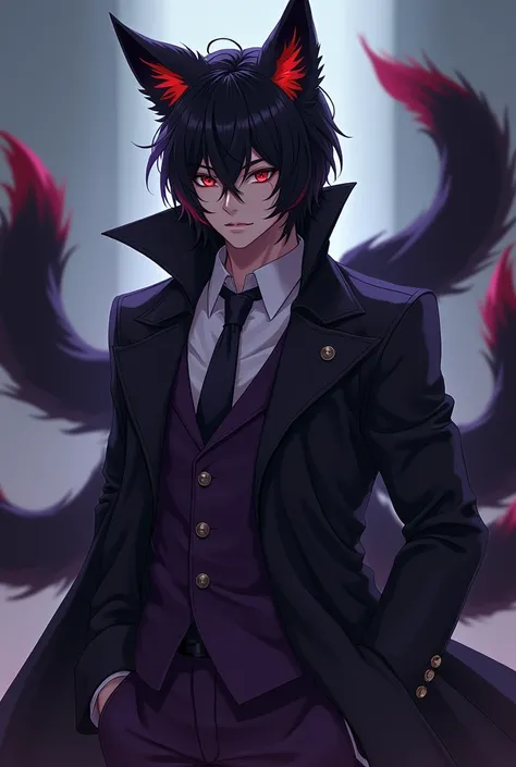  Anime, Anime Style , .Black hair, Ember eyes, Kitsune, in a purple suit or dark leather trench coat, 1 man , fox ears , 9 fox tail 