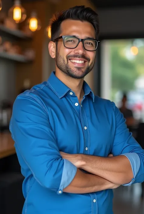 Smiling man in blue shirt and glasses standing with arms crossed, a photo by Alejandro Obregón, instagram, cards, andres rios, Joseph Moncada,  professional photo, david rios ferreira, Mohamed Chahin, Christian Orrillo,  taken in the early years of 2020 , ...