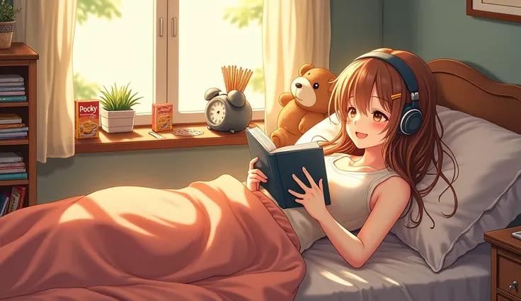 Illustrate a cozy bedroom scene featuring a relaxed girl with long hair wearing headphones, lying on a bed. She is reading a book, with a playful expression, and has snacks like Pocky nearby. A teddy bear sits beside her, and sunlight pours through a windo...