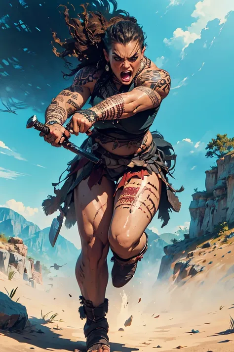 Masterpiece: Smooth textures, Proportional anatomy, Royal body parts, Fine details, Vivid details, a muscular goliath female barbarian with light grey skin, solid white eyes, dark red tribal tattoos, tribal face tattoo, wearing full body leather armor, bat...