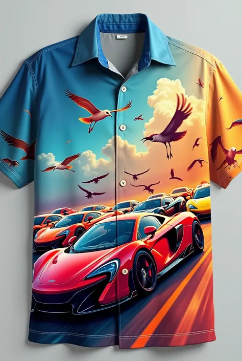 Une chemise avec des voitures de sport et des oiseaux 