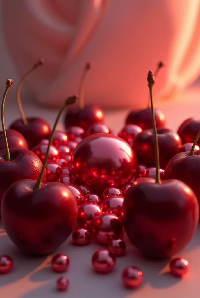 Image of cherries around red pearls on light illuminated background

