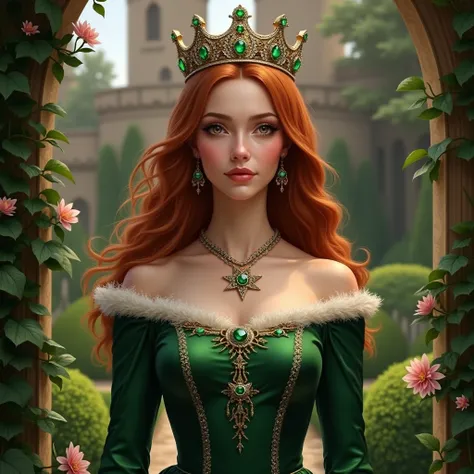 Women wirh reddish-brown hair and a tiara with emeralds on her, she is wearing a green Tudor style dress and a seven point star necklace and is standing in the garden of a castle 






