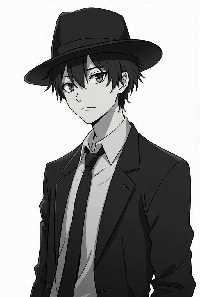 A man with messy short hair , tired eyes, small smile,  wearing a suit and a black hat on his head black and white anime-style 