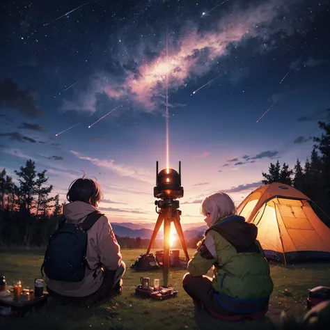 evening, Outdoor Camping ,   knight , Alien planets, Alien Animals , Alien technology, Alien planetss and unknown constellations in the  evening  sky, fantastic  Outdoor Camping  on an Alien planets, Movie Frame,  very detailed, Very long, hyperactivity , ...