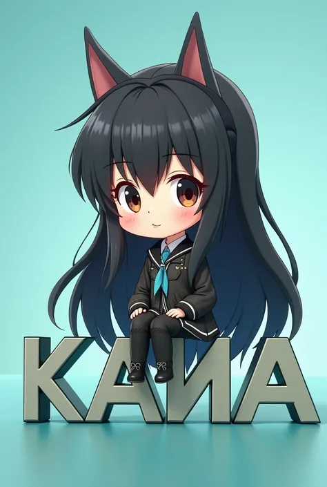 Kikyo anime chibi 3d cabello largo o color negro sitting on the name "KANA",  letters in the color of the same atmosphere gradient background virtual aqua, Pans Jongers black , long hair,  brown eyes 3d render , photo, Realistic , anime, photo, poster, fas...