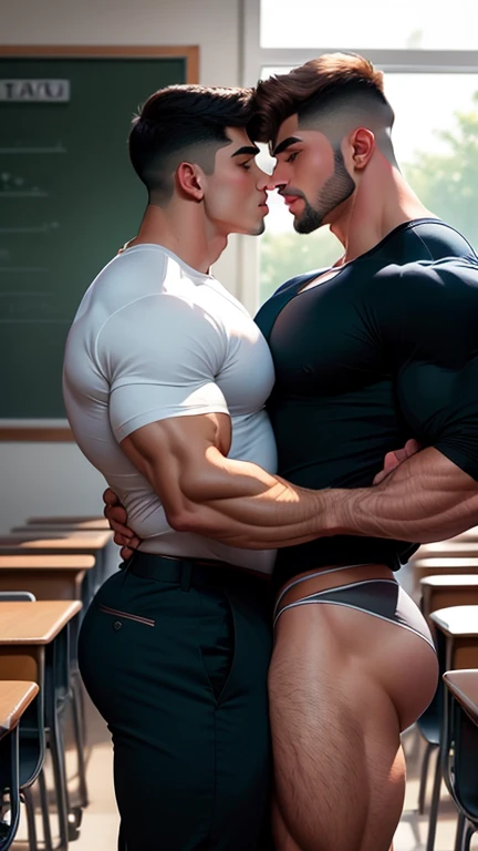 20 years old handsome indian weared school uniform with huge wide muscular dream school man doing smooching kissing with his boy friend, in classroom with perfect classroom background, masterpiece, hd, HDR, depth of field, hd, hdr, D750F nikon camera photo...