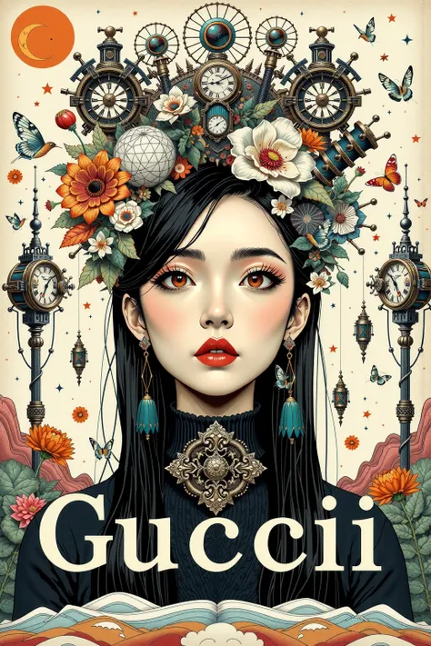 Create a creative arts collage, inspired by the art of Moebius using a collage technique, ((the words "Gucci or The Girl" written within it)), korean woman, 