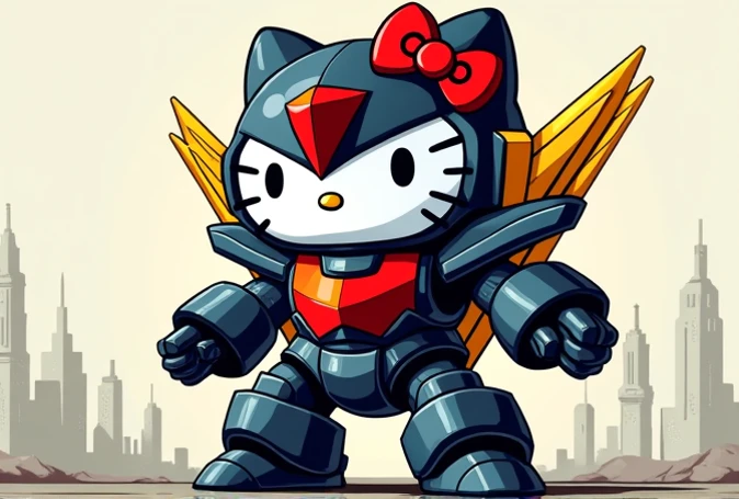 Create Hello Kitty image with a very basic icon-like style transformed into Mazinger Z