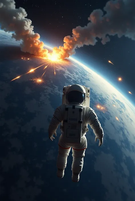 the image of the world being attacked by external missiles from the point of view of an astronaut in space